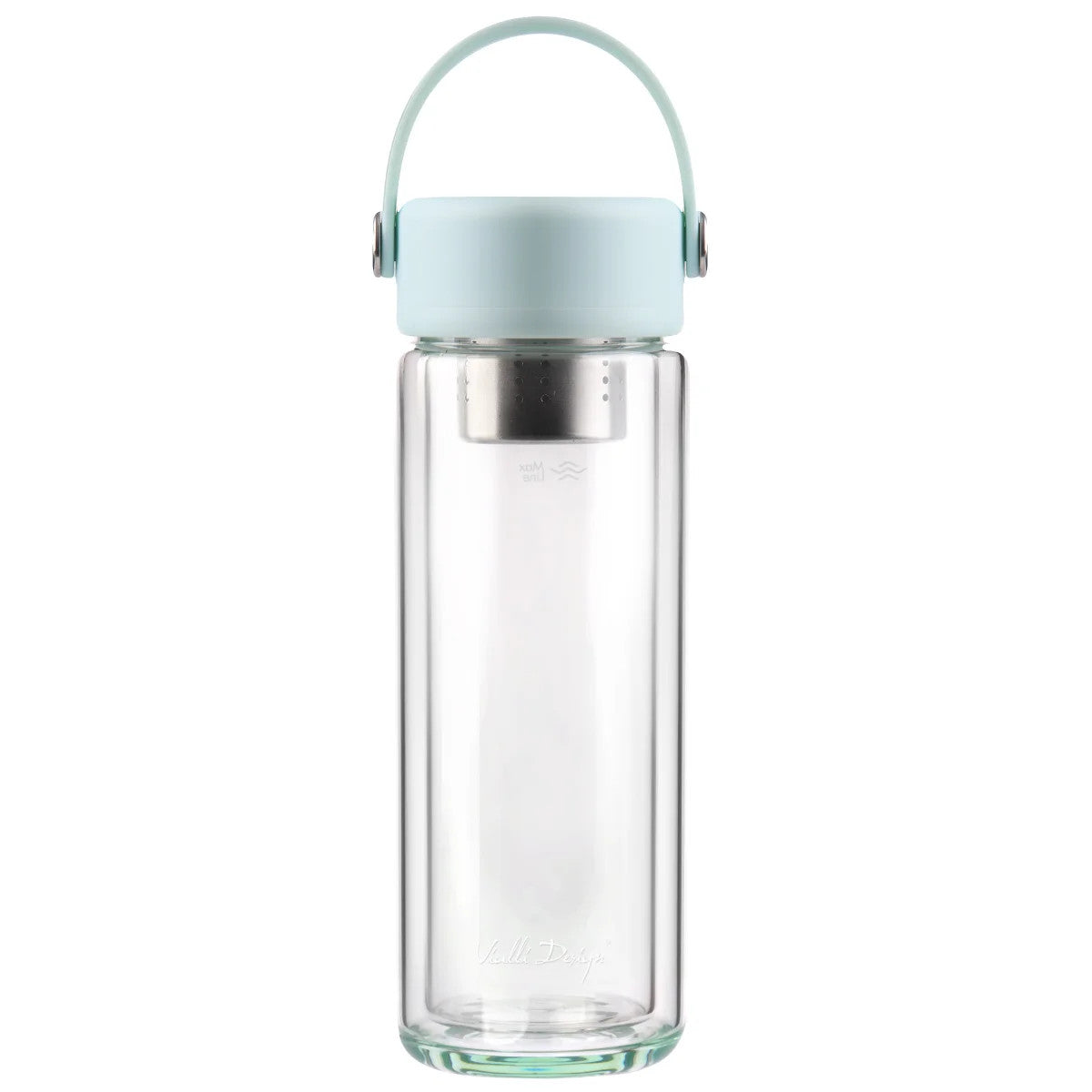 Photo de la bouteille FUORI menthe – Bouteille en verre double paroi avec infuseur 350 ml pour thé et infusions.