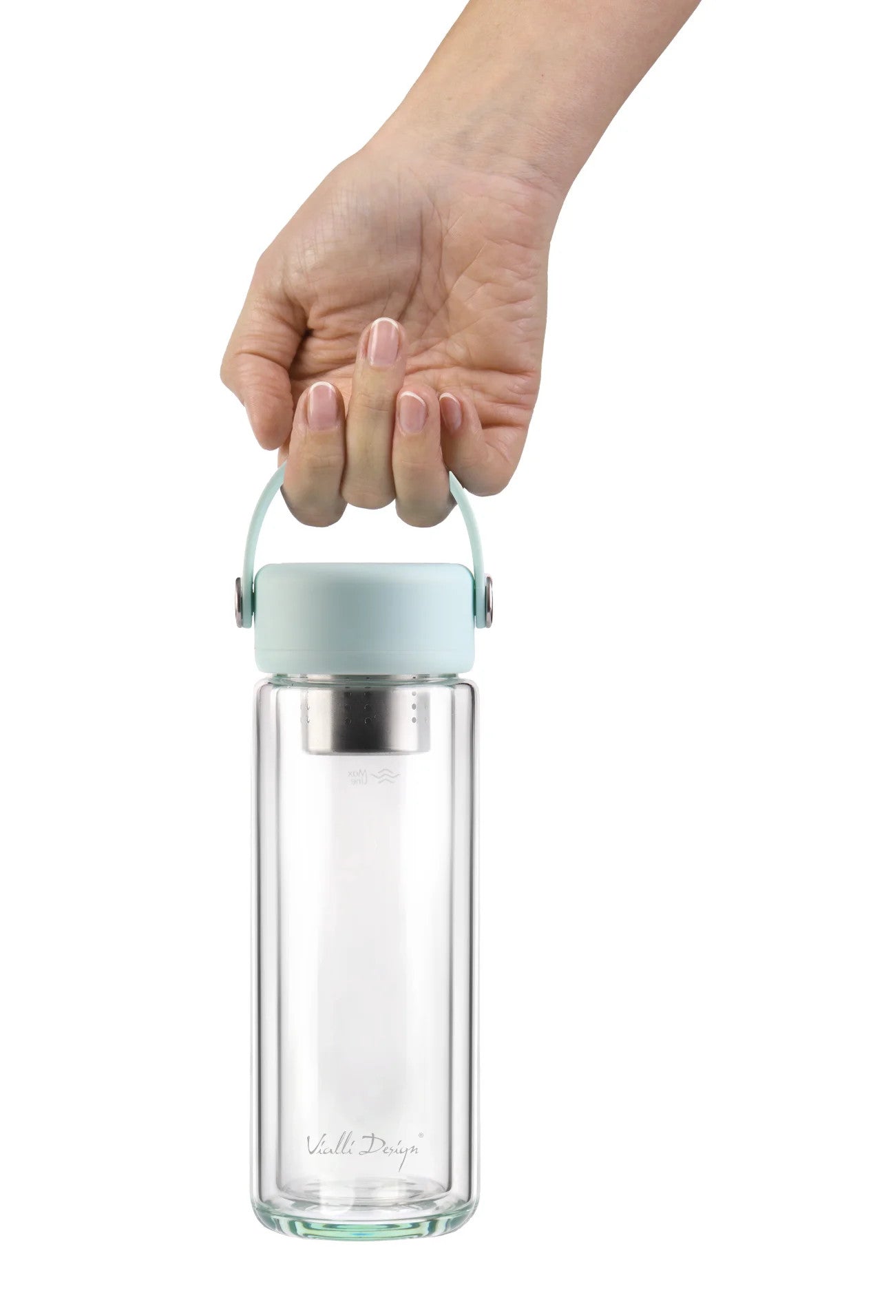 Photo de la bouteille FUORI menthe – Bouteille en verre double paroi avec infuseur 350 ml pour thé et infusions.