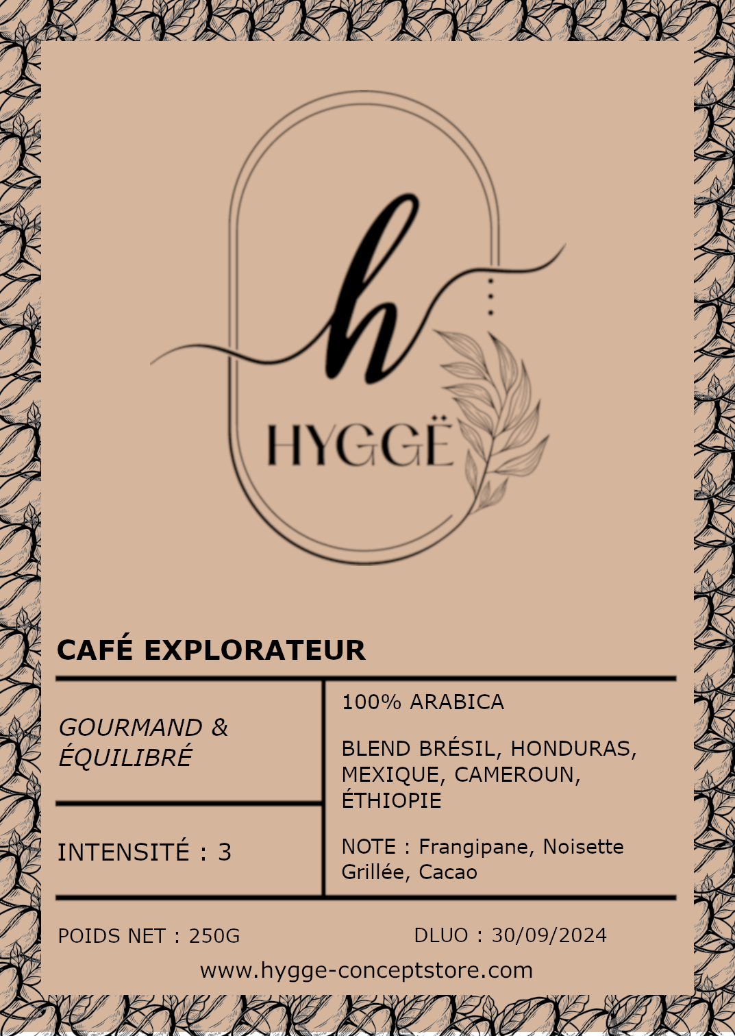 Photo Etiquuette Café Explorateur – Blend 100 % Arabica – Notes gourmandes de frangipane & cacao – Équitable