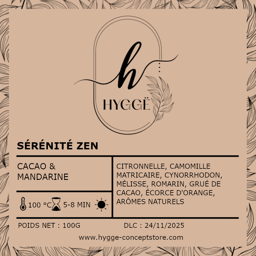 Fiche de l’infusion Sérinité Zen – Chocolat & Orange, tisane anti-stress naturelle.
