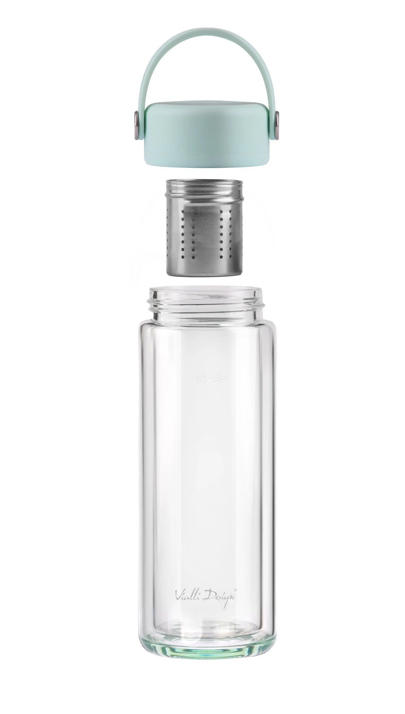 Photo de la bouteille FUORI menthe – Bouteille en verre double paroi avec infuseur 350 ml pour thé et infusions.