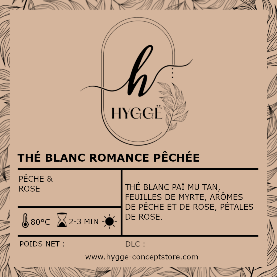 Photo étiquette du Thé Blanc Romance Pêchée – Infusion délicate à la pêche et à la rose.