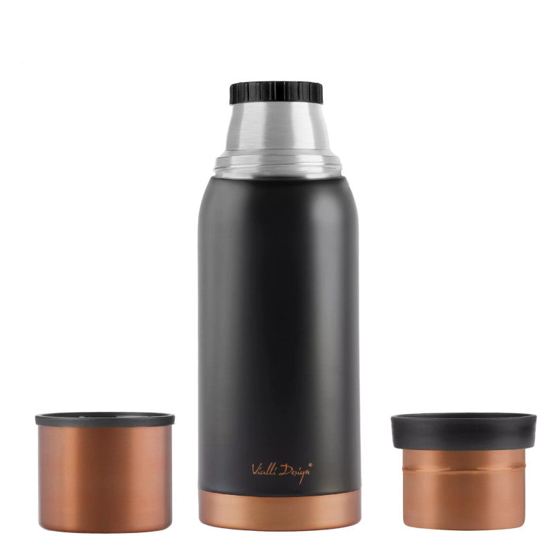 Thermos noir et rose gold 1L – Vialli Design, élégant et isotherme avec deux tasses.