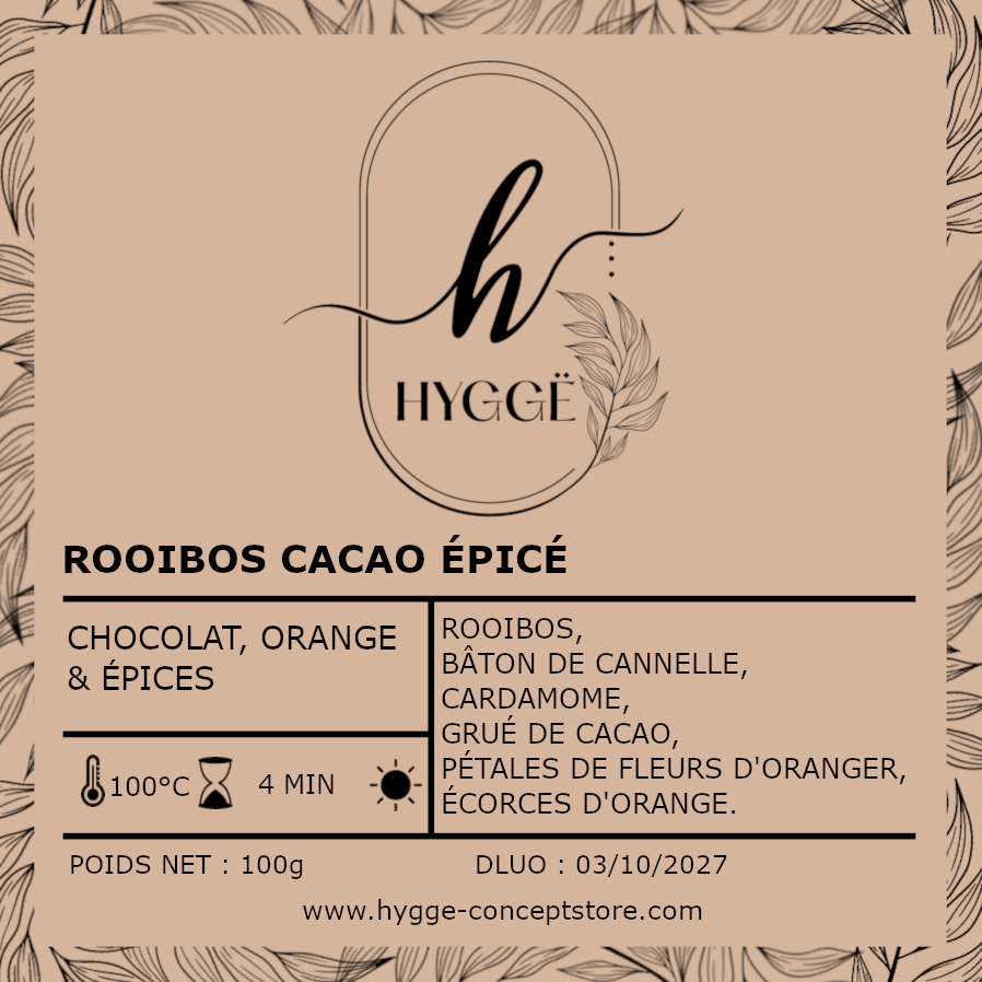 rooibos cacao, infusion chocolat orange, tisane épices, boisson cocooning Hygge CONCEPT STORE, rooibos sans théine