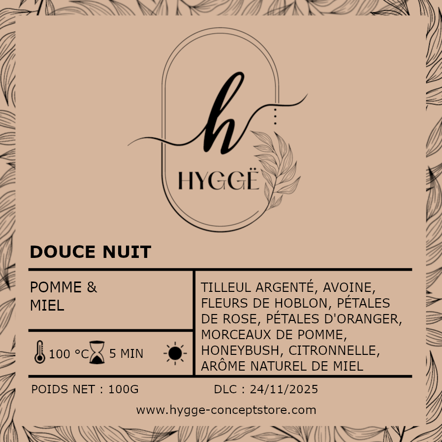 Photo de l’étiquette infusion Douce Nuit – Pomme & Miel, tisane sommeil naturelle.