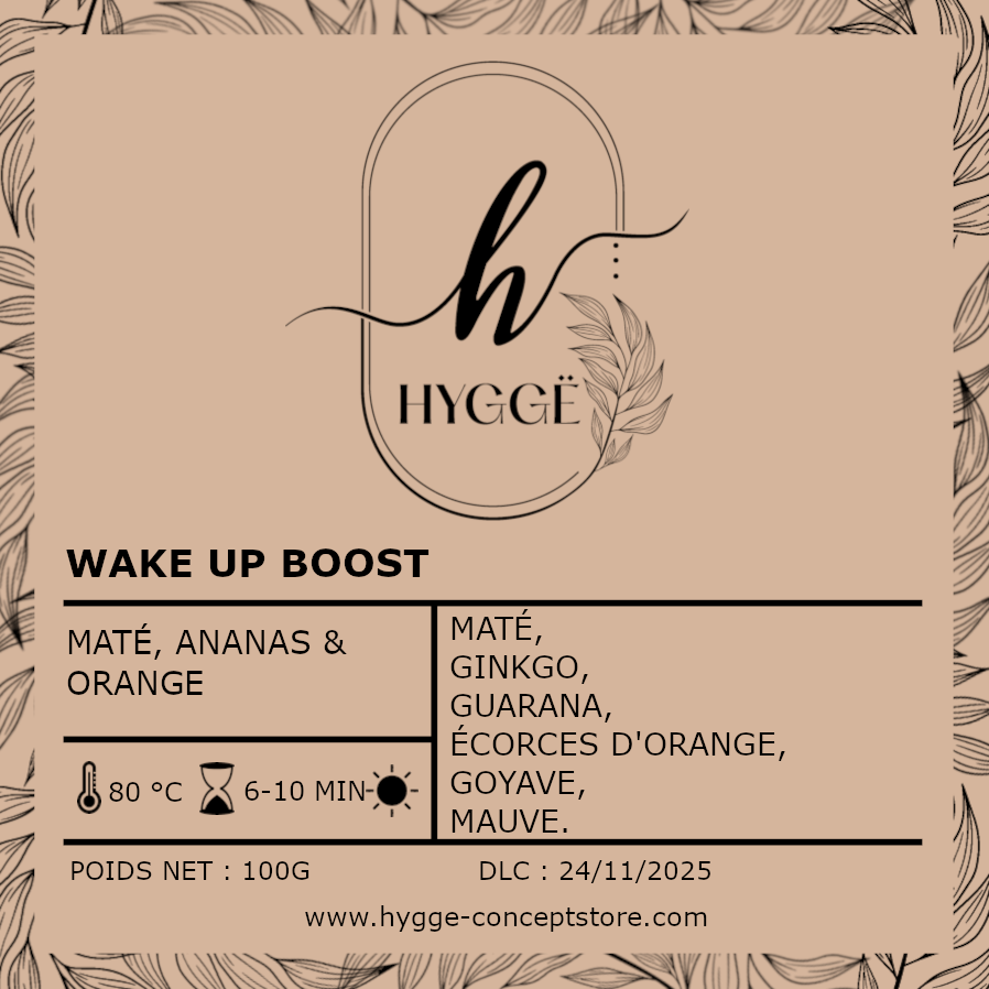 Photo de l'étiquette infusion Wake Up Boost – Maté ananas et orange, infusion énergisante naturelle.