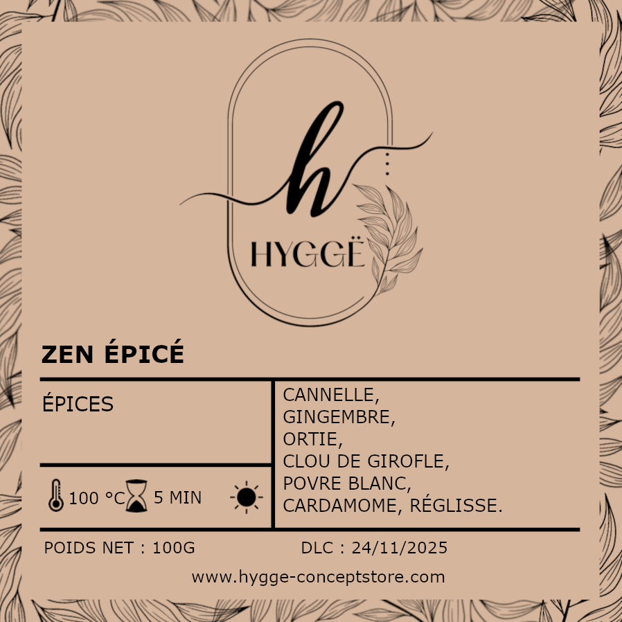 Photo de l’étiquette infusion Zen Épicé – Cannelle & Gingembre, tisane réconfortante naturelle.