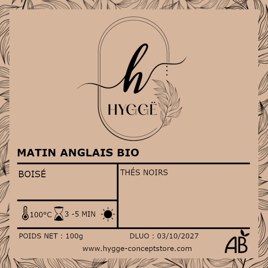 thé noir bio, petit-déjeuner anglais, boisson énergisante naturelle, thé noir Hygge, tasse cocooning