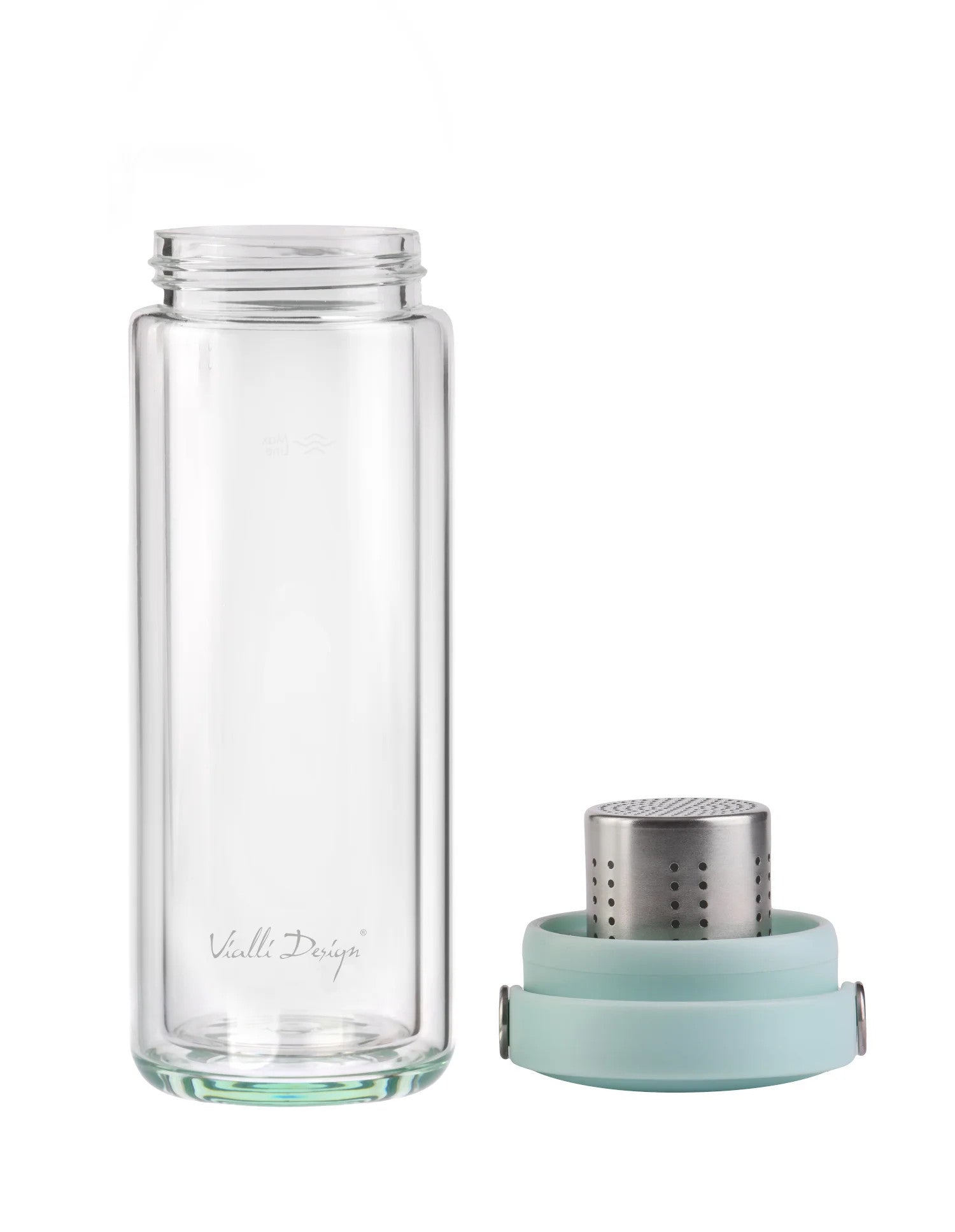 Photo de la bouteille FUORI menthe – Bouteille en verre double paroi avec infuseur 350 ml pour thé et infusions.